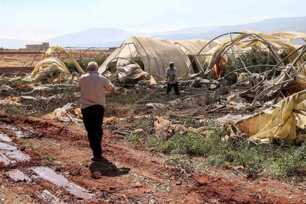 This picture taken during a guided tour by the Hezbollah media office shows a man salvaging the remains of a destroyed greenhouse at the site of reported overnight Israeli bombardment on Sarein in the Bekaa valley in east-central Lebanon on August 20, 2024. (Photo by AFP) 