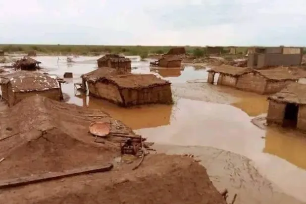 إحدى القرى التي غمرتها مياه الفيضانات في طوكر (مواقع التواصل)