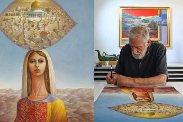 الرسّام والفنان التشكيلي الفلسطيني سليمان منصور ولوحة بعنوان «القدس» (إنستغرام الفنان)