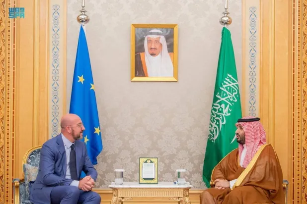 Crown Prince Mohammed bin Salman receiving European Council President Charles Michel on Tuesday (SPA)