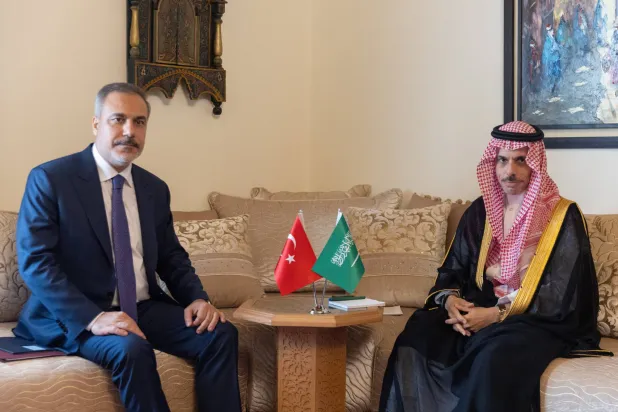 الأمير فيصل بن فرحان خلال لقائه هاكان فيدان في القاهرة (واس)