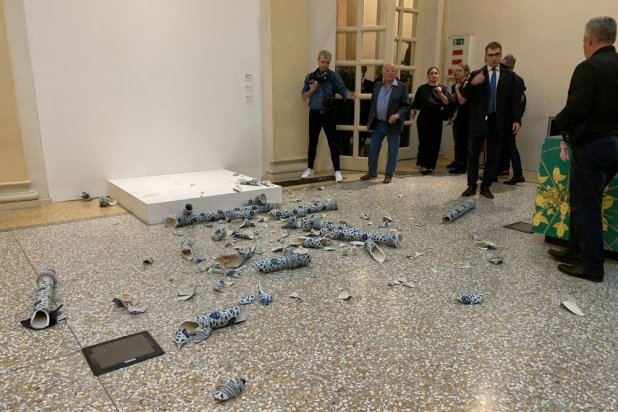 “Porcelaine Cube” by artist Ai Weiwei is pictured after being destroyed by a man during the opening exhibition, in Bologna, Italy, September 20, 2024. (Genus Bononiae Press Office/Handout via Reuters) 