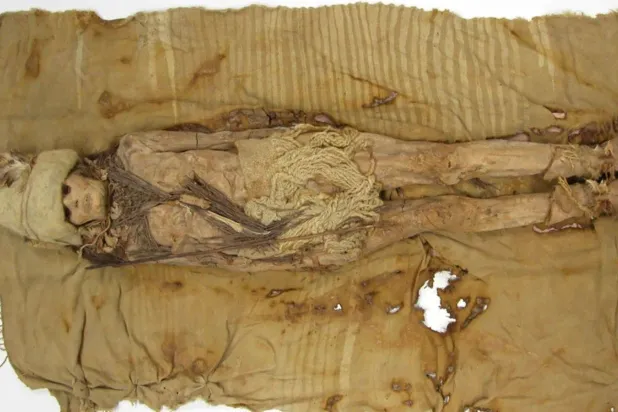 قطع من الجبن عُثر عليها ملفوفة حول رقبة امرأة (معهد الآثار الثقافية في شينغيانغ)