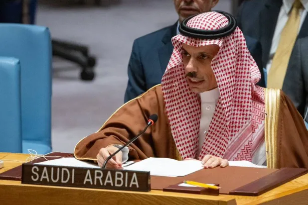 وزير الخارجية السعودي يتحدث خلال جلسة مفتوحة لمجلس الأمن حول القيادة في السلام بنيويورك (واس)