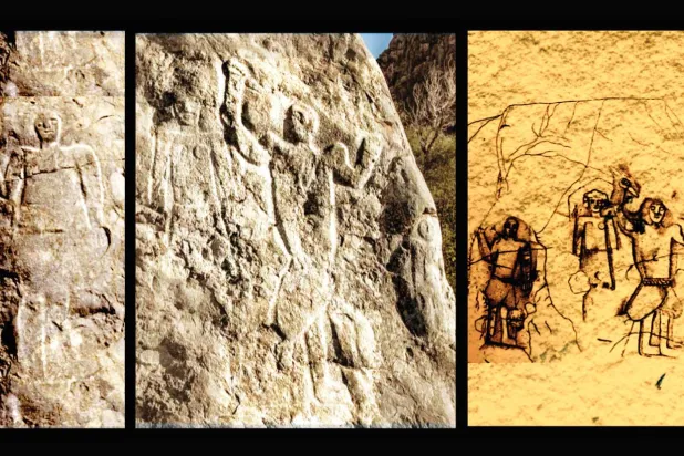 النقش التصويري الذي يظهر على الوجه الجنوبي لحصاة بن صلت، مع رسم توثيقي له