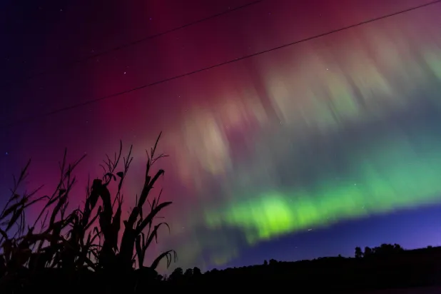 أضواء الشفق القطبي أو كما تُعرف أيضاً بالأضواء الشمالية تضيء السماء في مقاطعة هالديماند بالقرب من هاميلتون بأونتاريو في كندا (رويترز)