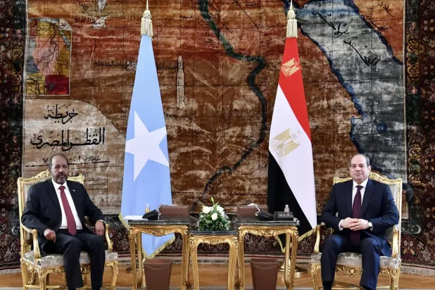 الرئيس المصري عبد الفتاح السيسي خلال استقبال نظيره الصومالي حسن شيخ محمود بالقاهرة في وقت سابق (الرئاسة المصرية)