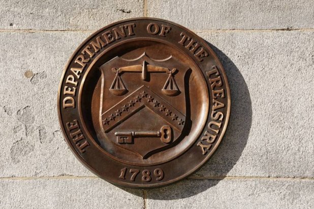  A bronze seal for the Department of the Treasury is shown at the US Treasury building in Washington, US, January 20, 2023. (Reuters) 