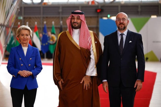 European Council President Charles Michel, European Commission president Ursula von der Leyen and Saudi Arabia Crown Prince and Prime Minister Mohammed bin Salman bin Abdulaziz Al Saud pose during an official welcome ceremony on the day of the joint European Union and the Gulf Cooperation Council (GCC) summit, in Brussels Belgium October 16, 2024. (Reuters) 