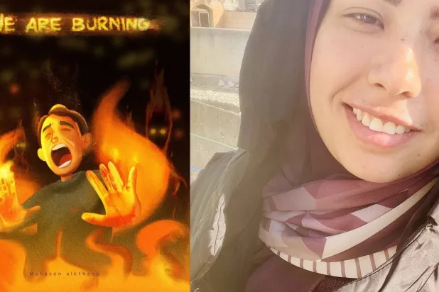 صورة نشرتها محاسن الخطيب وذيلتها بتعليق: «عشان بس أموت تلاقوا صورة لي» وعلى اليسار آخر صورة رسمتها قبل موتها (فيسبوك - إنستغرام)