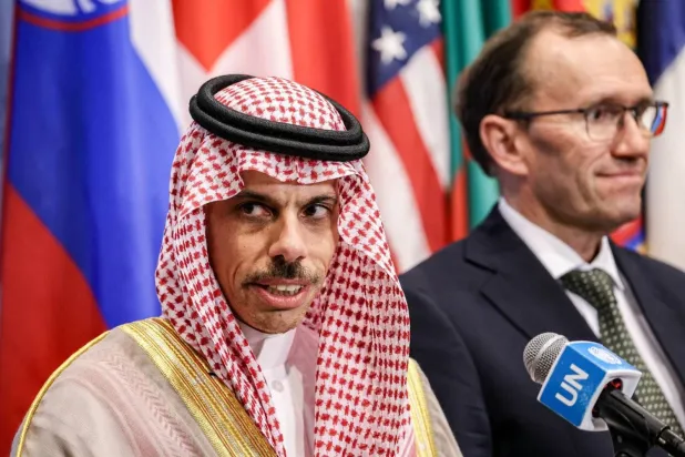 Saudi Foreign Minister Prince Faisal bin Farhan bin Abdullah speaks to reporters in New York in September. (dpa) 