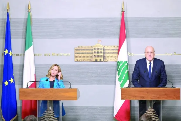 Lebanese caretaker Prime Minister Najib Mikati and his Italian counterpart Giorgia Meloni hold a joint press conference in Beirut. (Reuters) 