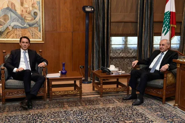 Lebanese Parliament Speaker Nabih Berri meets with US envoy Amos Hochstein during his recent visit to Beirut (AFP)