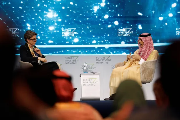 Saudi Foreign Minister Prince Faisal bin Farhan speaking on Thursday during the Future Investment Initiative (FII) forum in Riyadh (Reuters)