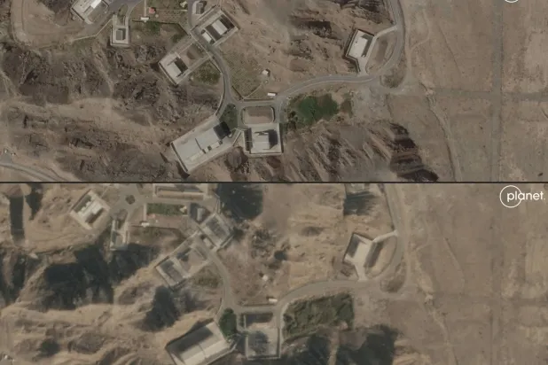 صورتان للأقمار الاصطناعية تُظهران منشأة بارشين قبل وبعد الهجوم الإسرائيلي (أ.ف.ب)