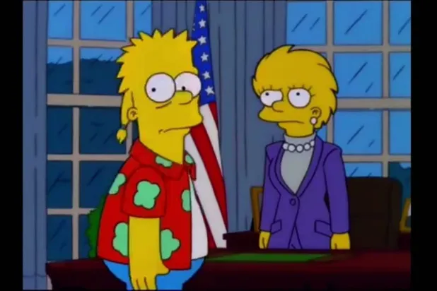 صورة مثبتة من حلقة بارت إلى المستقبل لليزا رئيسة أميركا وبجانبها بارت