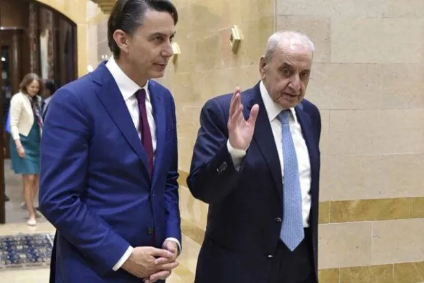 Parliament Speaker Nabih Berri and US envoy Amos Hochstein in Beirut. (AFP file)
