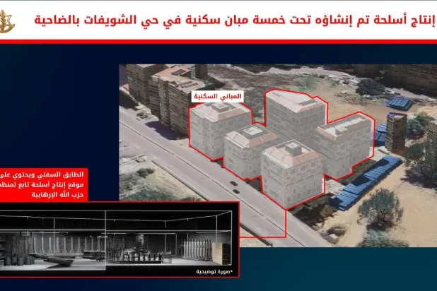 صورة نشرها الجيش الإسرائيلي على موقع "إكس" يقول إنها لموقع إنتاج أسلحة بالضاحية الجنوبية لبيروت (الجيش الإسرائيلي)