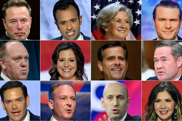 مجموعة صور تشمل ماسك وراماسوامي وسوزي وايلز وبيت هيغسيث وتوماس هومان وإليز ستيفانيك وجون راتكليف ومايك والتز وماركو روبيو ولي زيلدين وستيفن ميلر (أ.ف.ب)