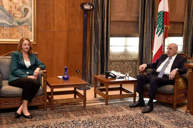 Parliament Speaker Nabih Berri meets with US Ambassador to Lebanon Lisa Johnson in Beirut on Thursday. (Parliament's media office)