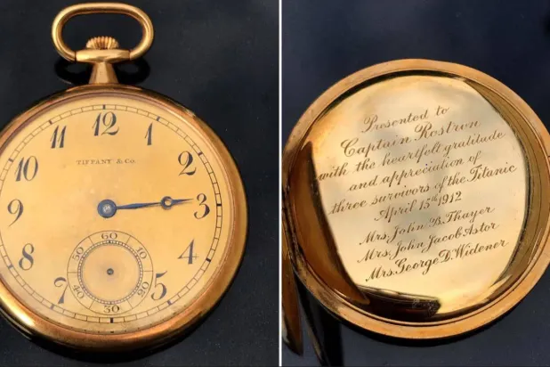 ساعة الجيب المصنوعة من الذهب عيار 18 قيراطاً قُدّمت إلى الكابتن روسترون من قبل 3 أرامل لرجال أعمال بارزين وأثرياء فقدوا حياتهم عندما غرقت السفينة تيتانيك (ب.أ)
