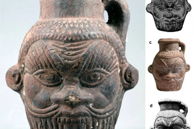 إناء شرب على شكل رأس بيس من واحة الفيوم في مصر يعود إلى العصر البطلمي - الروماني (القرن الرابع قبل الميلاد - القرن الثالث الميلادي)... (جامعة جنوب فلوريدا)