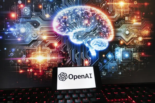 Bilgisayar ekranında yer alan OpenAI logosu ve arkasında metni görüntüye dönüştüren YZ modeli DALL-E tarafından oluşturulan bir görüntü (AP)