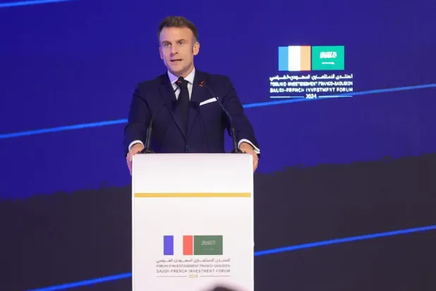 French President Emmanuel Macron delivering an address at the Saudi-French Investment Forum in Riyadh - SPA