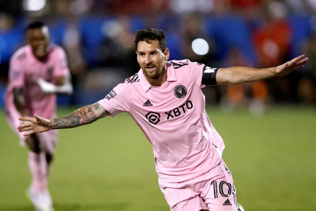 FILE PHOTO: Aug 6, 2023; Frisco, TX, USA; Inter Miami CF forward Lionel Messi (10) reacts after scoring in the second half against FC Dallas at Toyota Stadium. Mandatory Credit: Tim Heitman-USA TODAY Sports/File Photo