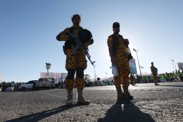 Houthis stand guard during an anti-US and anti-Israel protest in Sanaa, Yemen, 06 December 2024. EPA/YAHYA ARHAB