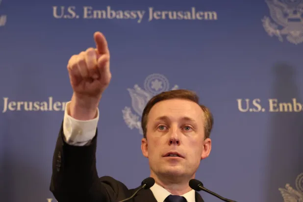 من وقائع المؤتمر الصحافي لمستشار الأمن القومي الأميركي جيك سوليفان في تل أبيب (إ.ب.أ)