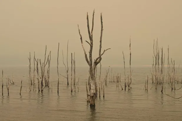  22 December 2024, Australia, Halls Gap: A general view of a smokey Lake Bellfield at Halls Gap. Immediate evacuation orders are in place for towns across Victoria as out-of-control blazes and sweltering temperatures begin Australia's bushfire season. Photo: James Ross/AAP/dpa 