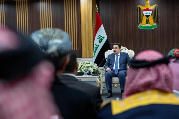 السوداني خلال حديثه عن مبادرته لإرساء الأمن في سوريا أول من أمس في الموصل (رئاسة الوزراء)