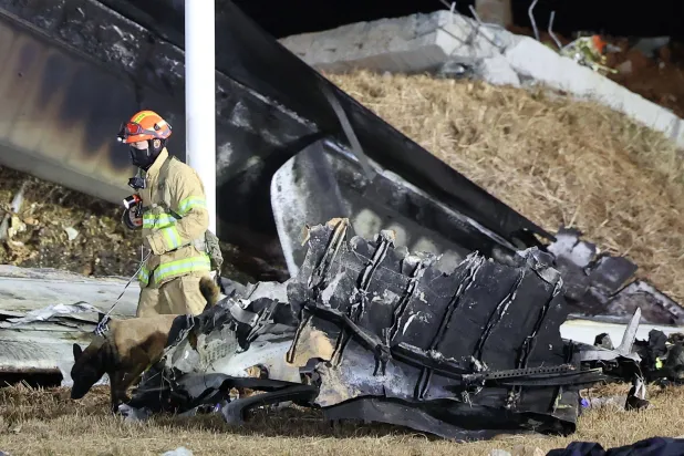 عنصر إطفاء مع كلبه قرب موقع تحطم الطائرة التابعة لشركة «جيجو إير» في كوريا الجنوبية (أ.ف.ب)