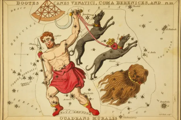 This 1825 etching provided by the Library of Congress shows an astronomical chart depicting Bootes the Ploughman holding a spear, a sickle, and two dogs, Asterion and Chara, on leashes, a quadrant, and the hair of Berenice forming the constellations. (Sidney Hall/Library of Congress via AP)

