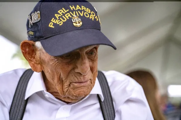 Pearl Harbor survivor Harry Chandler, 102, of Tequesta, Fla., speaks to the media during the 82nd Pearl Harbor Remembrance Day ceremony on Dec. 7, 2023, at Pearl Harbor in Honolulu. (AP) 