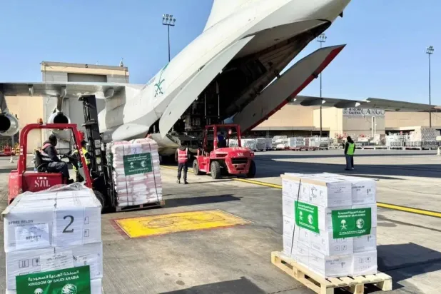 Two relief planes landed in Damascus on Wednesday, marking the first deliveries of its humanitarian air bridge. (SPA)