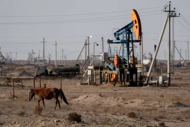 حصان يرعى بالقرب من منصة حفر نفطية في كازاخستان (رويترز)