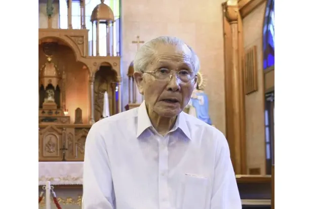 Shigemi Fukahori is interviewed at the Urakami Cathedral in Nagasaki, southern Japan, on July 29, 2020. (Kyodo News via AP, File) 