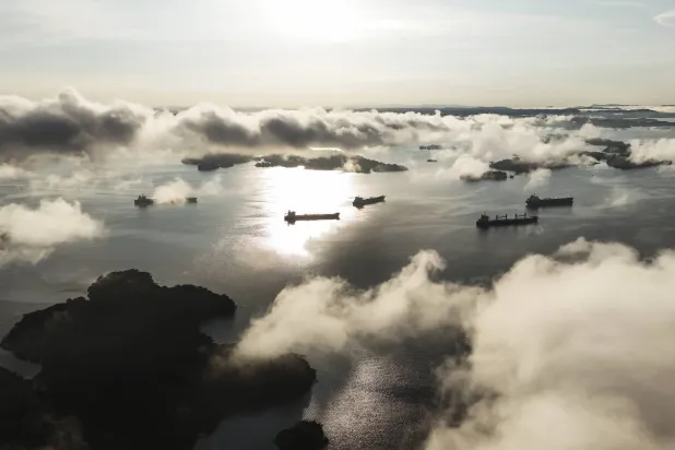 سفن شحن تتنظر دورها لعبور قناة بنما لدى بحيرة غاتون (أرشيفية - أ.ب)