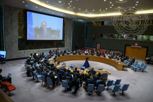 المبعوث الخاص للأمم المتحدة إلى سوريا غير بيدرسن يتحدث عبر دائرة تلفزيونية مغلقة من جنيف لأعضاء مجلس الأمن في نيويورك (الأمم المتحدة)