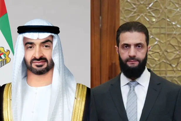 قائد الإدارة السورية الجديدة أحمد الشرع ورئيس دولة الإمارات الشيخ محمد بن زايد