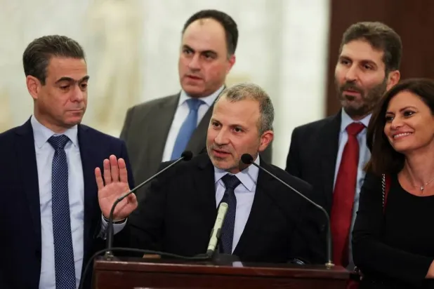 MP Gebran Bassil and members of his bloc after naming Nawaf Salam as prime minister. (Reuters)