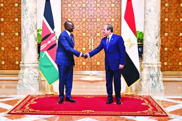 
الرئيس المصري عبد الفتاح السيسي ونظيره الكيني ويليام روتو في القاهرة أمس (الرئاسة المصرية)