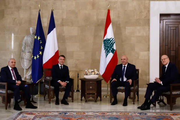 France’s President Emmanuel Macron (C-L) meets with Lebanon's new President Joseph Aoun (C-R), Parliament Speaker Nabih Berri (L) and outgoing Prime Minister Najib Mikati at the presidential palace in Baabda on January 17, 2025. (AFP)
