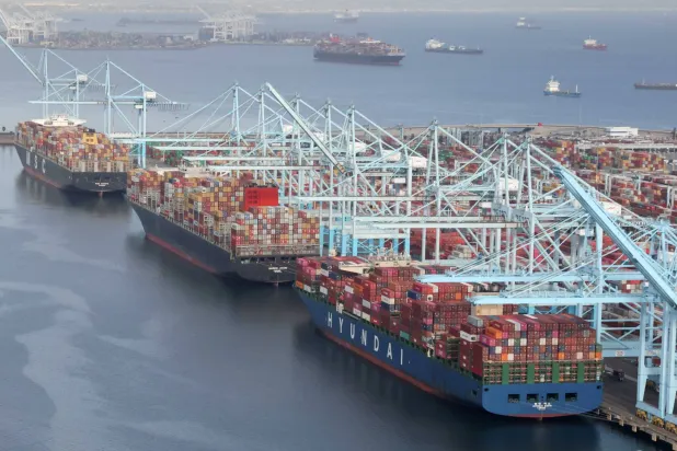 سفن تحمل حاويات تنتظر خارج موانئ لوس أنجليس ولونغ بيتش (رويترز)