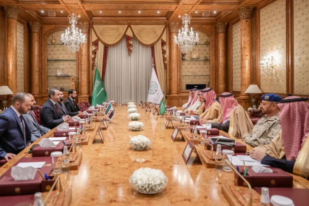 Saudi Minister of Defense during a previous meeting with a delegation of the new Syrian administration in Riyadh (SPA)