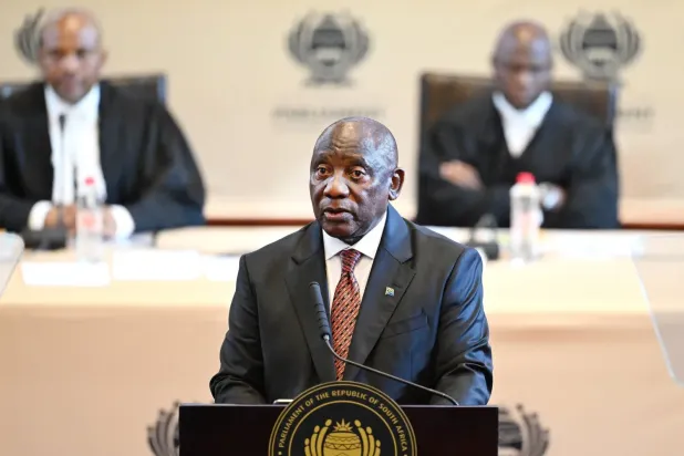   Güney Afrika Devlet Başkanı Cyril Ramaphosa, Güney Afrika'nın Cape Town kentinde 2024 Ulusa Sesleniş konuşmasını yaparken, (6 Şubat 2025)  (AFP)