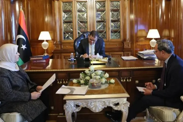 State minister for cabinet affairs Adel Juma meets with GNU Prime Minister Abdulhamid al-Dbeibah in Tripoli. GNU file photo