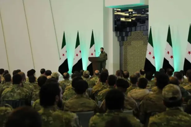 Syrian President Ahmed al-Sharaa delivers a speech following the “Declaration of the Syrian Revolution’s Victory” (Syrian Presidency)